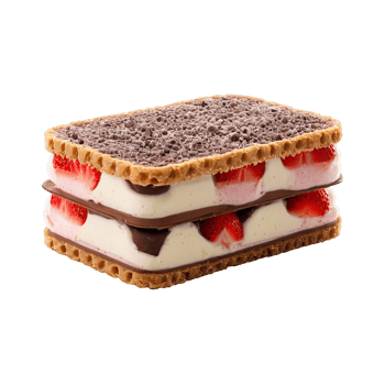 Neapolitan ice cream sandwich layers of vanilla chocolate and strawberry isolated on transparent Summer freshness png