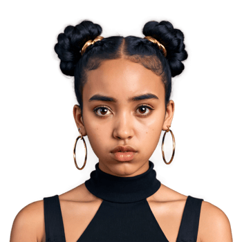 Young multiracial woman with space buns and septum ring adorable face grieving eyes pouting mouth. Essence of diverse femininity. png