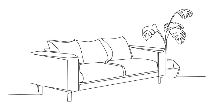 Continuous one line drawing of sofa and with potted plant. Single line. vector