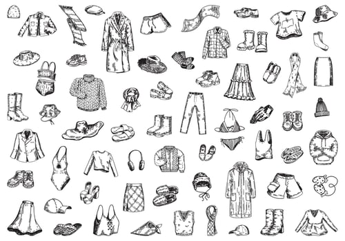 Different clothes doodle set. Sketch of outerwear, shoes, hats, scarves, swimwear, accessories. Outline illustrations collection. vector