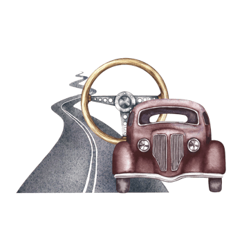Vintage retro car, front view. Antique wooden steering wheel, asphalt road in perspective. A watercolor illustration made by hand. For a banner, flyer, or poster. For printing, stickers, postcards. png