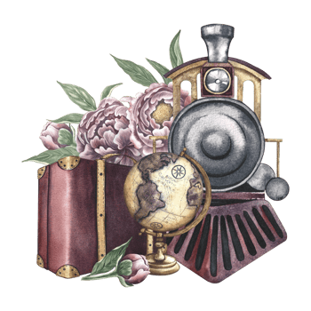 Retro train journey. A composition with a steam locomotive, a suitcase, a globe and peonies. Watercolor illustration, handmade in vintage style. For banners, flyers, posters. For prints, stickers. png