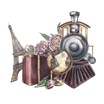 Travel on a retro train. A composition with a steam locomotive, a suitcase and the Eiffel tower, a globe and peonies. Handmade watercolor illustration in vintage style. For banners, flyers, posters. png