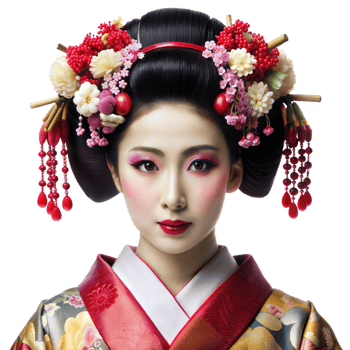 Traditional Japanese Geisha Portrait Showing Off Detailed Hairstyle and Kimono on Transparent Background png