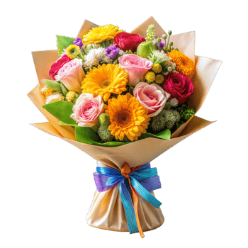 Vibrant Bouquet of Mixed Flowers Wrapped in Brown Paper and Tied with Blue Ribbon on Transparent Background png
