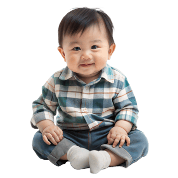 Smiling Toddler in Plaid Shirt and Jeans Sitting on Transparent Background png