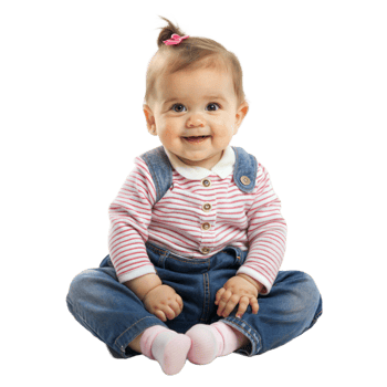 Cheerful Baby Girl Sitting Casually in Denim Overalls With Transparent Background png
