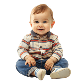 Smiling Baby Boy Sitting Wearing Striped Shirt and Blue Jeans on Transparent Background png
