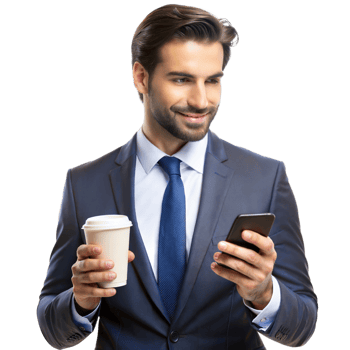 Smiling Businessman Holding Coffee Cup and Smartphone on Transparent Background png