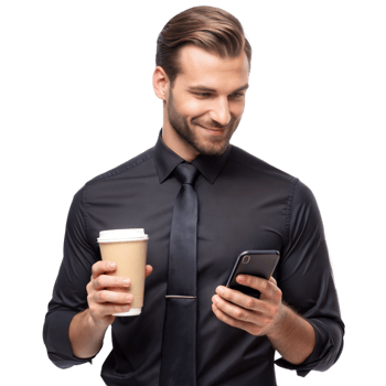 Smiling Businessman Holding Coffee Cup and Smartphone on Transparent Background png