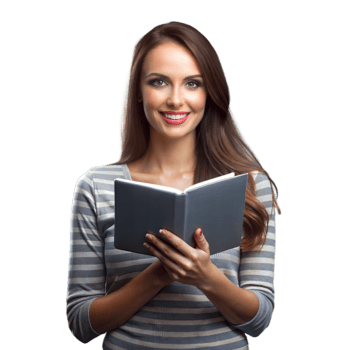 Confident young lady with a book, smiling at the camera png