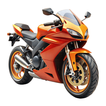 An orange motorcycle is parked on top of a white surface png