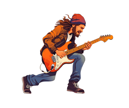 Energetic guitarist immersed in playing, with long hair and a beanie, rocking out on an electric guitar png
