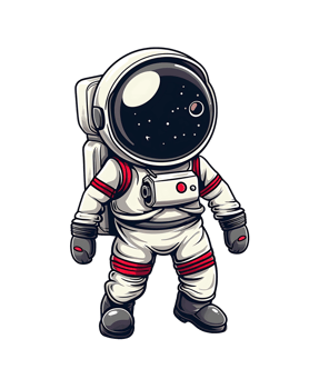 Detailed cartoon astronaut floating in zero gravity, helmet reflecting the vastness of space and stars png