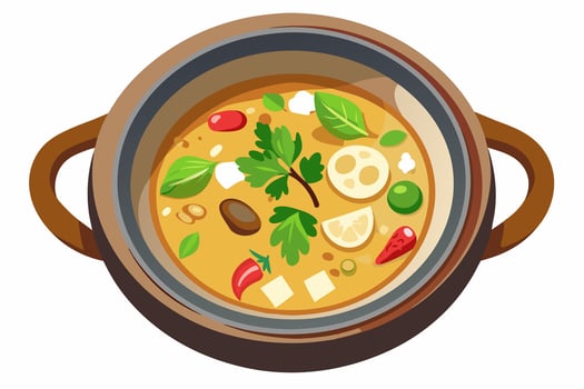 Tom Kha Gai in bowl with chicken, mushrooms in coconut milk broth. Traditional Thai coconut soup with fresh herbs. Concept of authentic Asian cuisine. Graphic illustration. Isolated on white vector