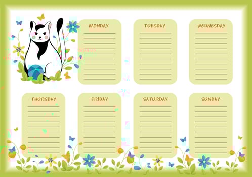 School weekly and daily planner with cute little white and black cat in colorful spring and summer design. vector