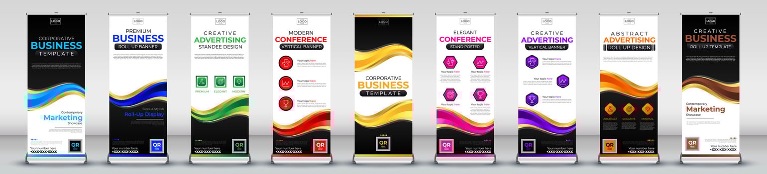 Roll up banner collection for meetings, events, promotions, marketing in light blue, blue, green, red, yellow, pink, purple, orange, brown print ready colours vector