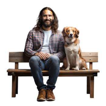 A happy man and his dog pose together on a bench png