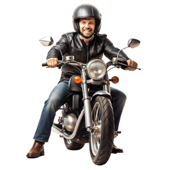Cheerful biker with helmet on a motorbike png