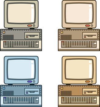 Retro vintage computer with monitor, drive and keyboard. illustration. vector
