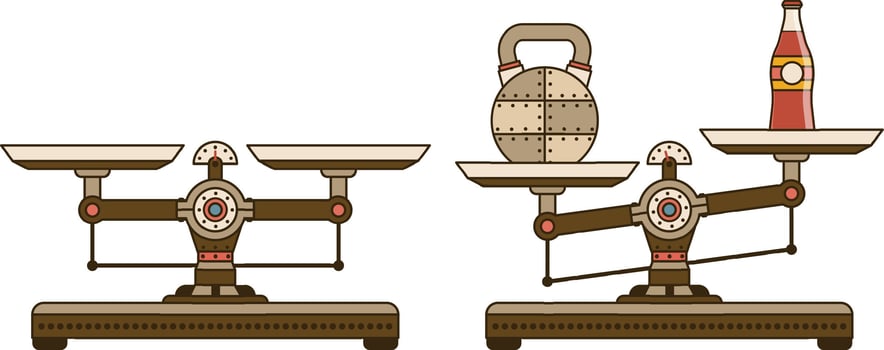 Industrial scales with weights - steampunk cartoon style. illustration. vector