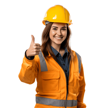 A woman in an orange safety vest and hard hat giving the thumbs up png