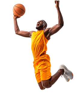 A man in an orange jersey is jumping up to dunk a basketball png