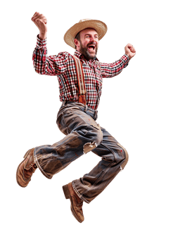 A man in a cowboy hat and overalls is jumping png