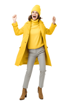 A woman in a yellow coat and hat is jumping png