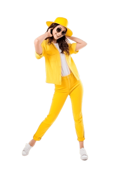 A woman in yellow outfit posing for the camera png