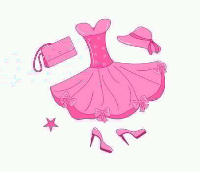 Pink fashionable festive collection. Ball gown, shoes, bag, hat. A set of doll accessories and clothes for a princess. illustration, isolated background. vector