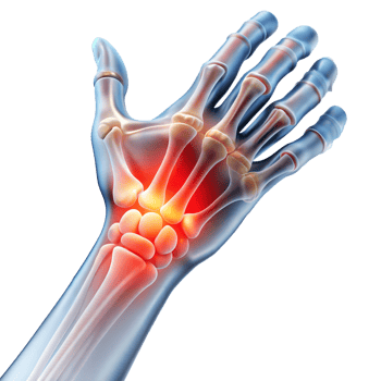 Anatomical representation of a hand with highlighted inflamed joints png
