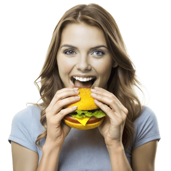 Cheerful lady eating a burger with enthusiasm png