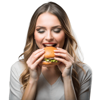 A woman bites into a burger with a joyful expression png