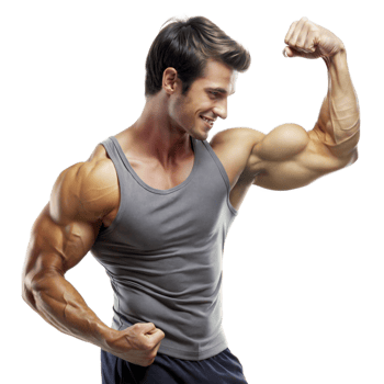 A fit man in a tank top flexing his muscular arm and smiling png