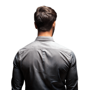 Back of a man standing, dressed in a stylish grey jacket png
