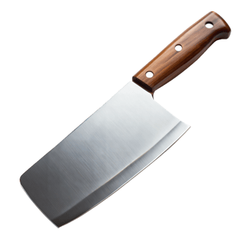 Steel cleaver with a brown wooden handle on a transparent backdrop png