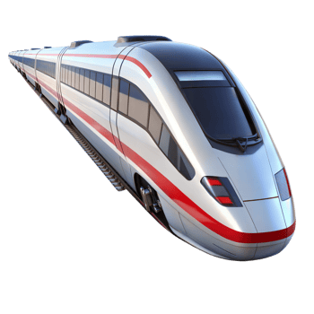 Silver and red high-speed train speeding on tracks png