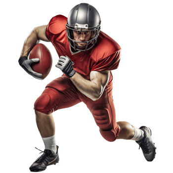 Football player in red uniform charges forward, clutching the ball png
