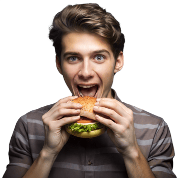Excited young man enjoying a tasty burger png