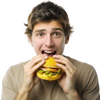 Man bites into a burger with a delighted expression png