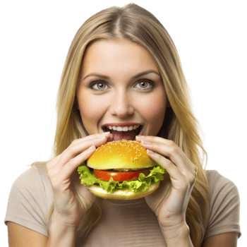 A woman bites into a juicy burger with lettuce and tomato png