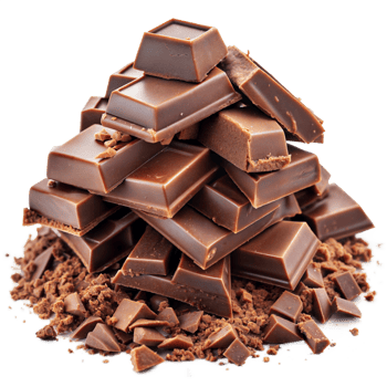 A stack of dark chocolate pieces surrounded by chocolate shavings png