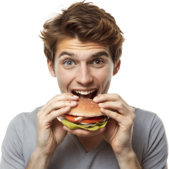 Excited man enjoying a big, delicious burger png