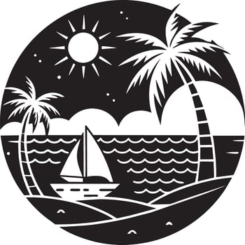 Tropical beach with palm trees and sailboat, black and white illustration vector