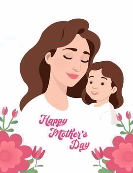 Mothers Day card with cute trendy watercolor illustrations of mom and daughter, bouquet of spring flowers, modern typography vector