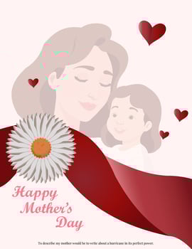 Mothers Day card with cute trendy watercolor illustrations of mom and daughter, bouquet of spring flowers, modern typography vector