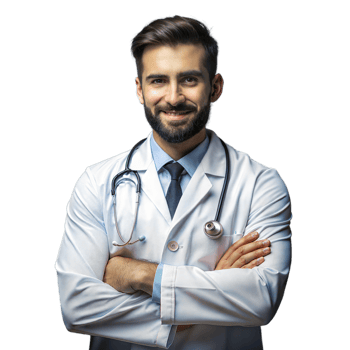 Smiling doctor with folded arms wearing medical attire png