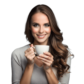 Smiling Woman Holding a White Coffee Cup in a Casual Setting png