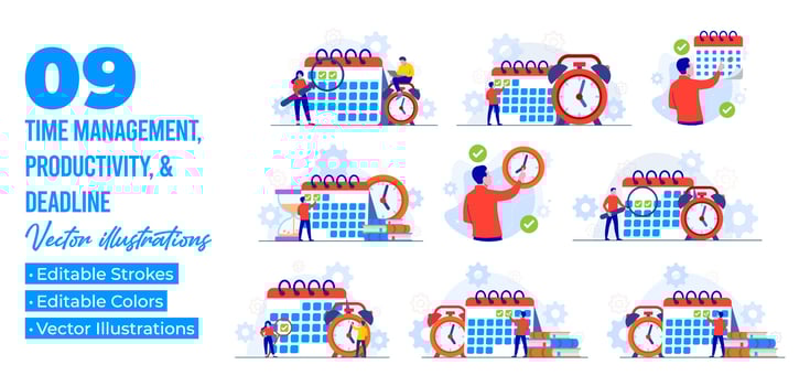 Set of flat illustrations of business time management, Project management, Productivity, Time planning, Exam deadline, Planner vector